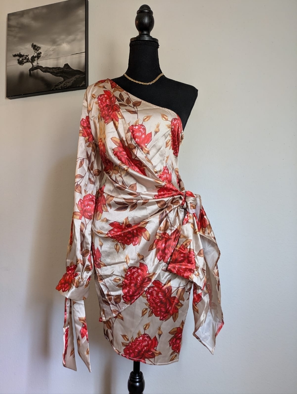 SHEIN Floral One-Shoulder Satin Ruched Mini Dress - Size L